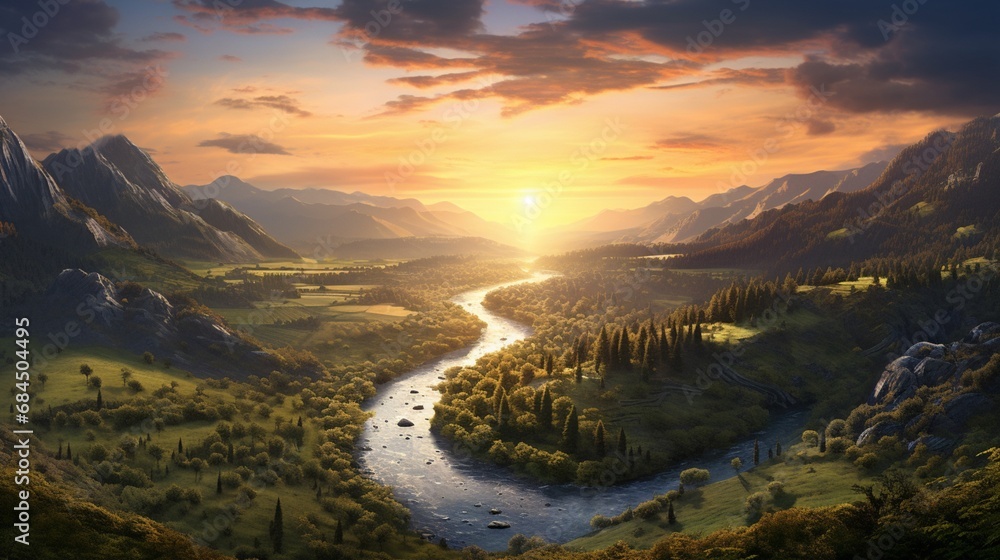 A tranquil river meandering through a valley at dusk with the sun on the horizon
