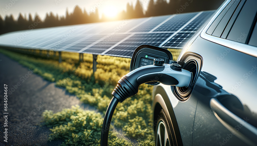 An Electric car recharges at an EV Power point with solar or wind power in the background. - obrazy, fototapety, plakaty 