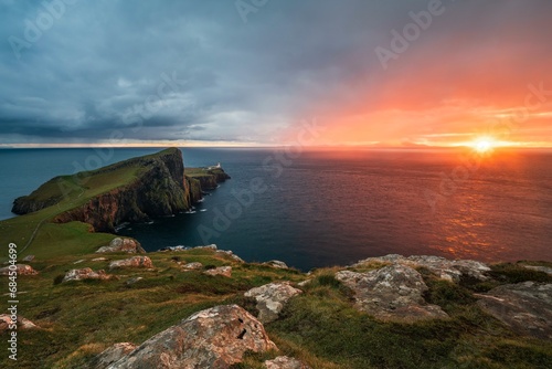 Neist Point at sunset, lighthouse, Isle of Skye, Inner Hebrides, Scotland, United Kingdom, Europe
