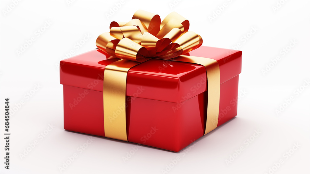 Red gift wrapped with golden shiny ribbon and bow isolated on white surface, ai generative