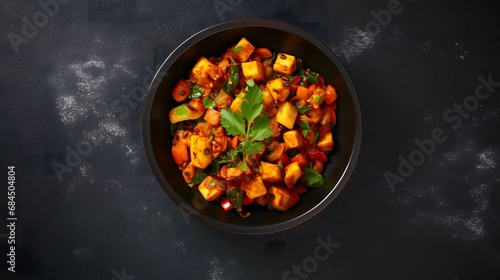 veg kolhapuri in black bowl on dark slate table top.