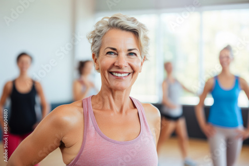 Middle aged smiling woman express active lifestyle through Zumba dance class © Keitma