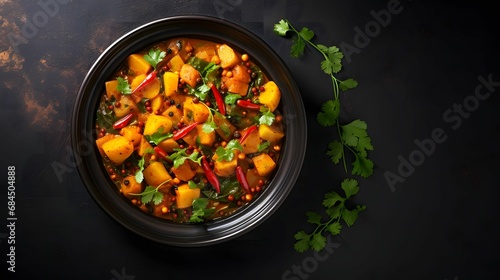 veg kolhapuri in black bowl on dark slate table top. photo