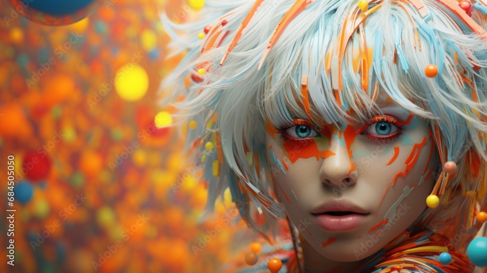 A woman with white hair and colorful makeup - obrazy, fototapety, plakaty 