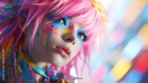 A close up of a person with colorful makeup