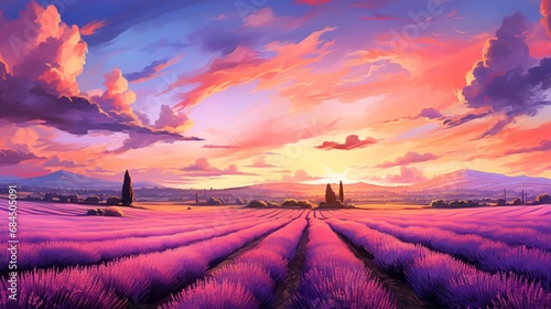 A vast lavender field at sunset, with the sky painted in shades of pink and orange
