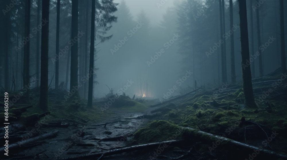 Obraz premium A trail in the woods with a light shining through the trees