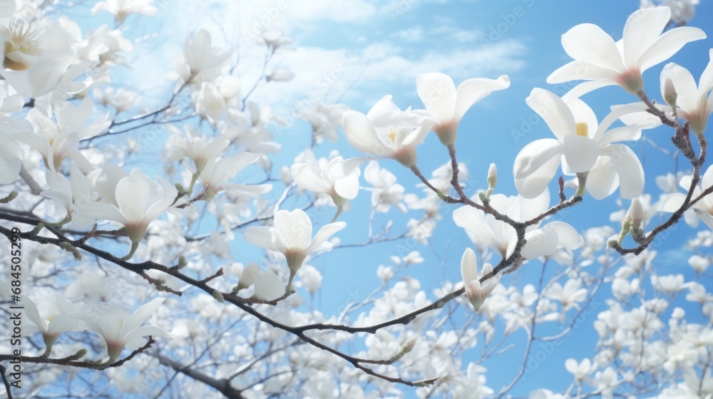 A tree with white flowers against a blue sky