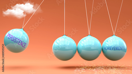Persistence leads to Achievements. A metaphor in which Persistence gives power to set Achievements in motion. Cause and effect relation between Persistence and Achievements.,3d illustration