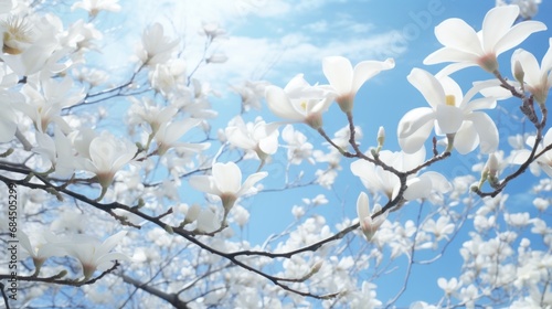A tree with white flowers against a blue sky