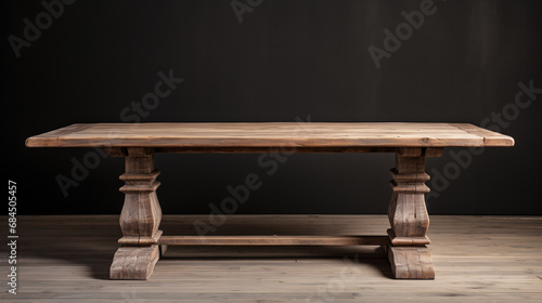 Wood dining table in dining room, handmade wooden table on a copy space, can use for some items keep on the table, wooden floor, antique design, isolated on black background, front view