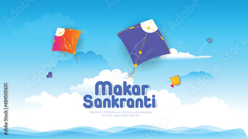 Happy Makar Sankranti with colorful kites flying cloudy sky, background photo