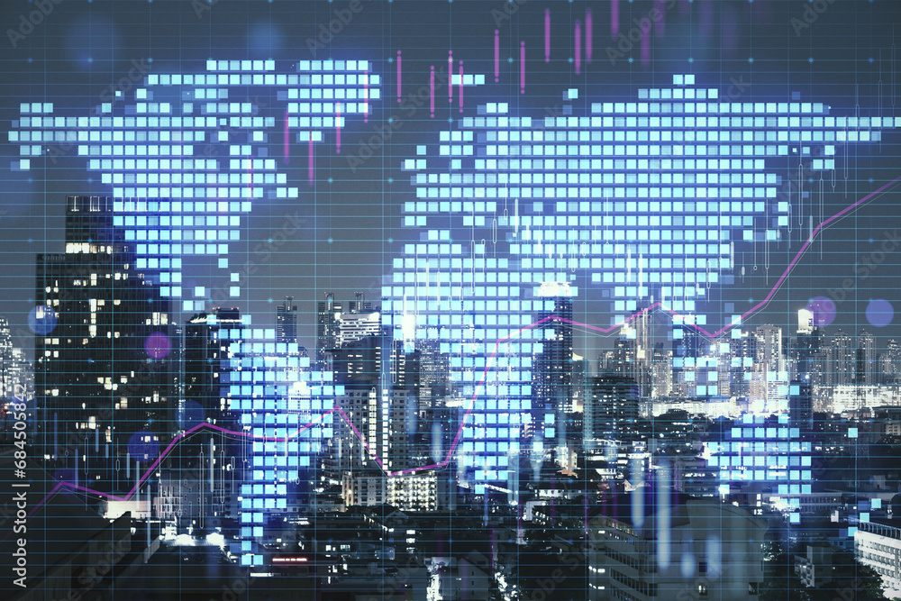 Creative glowing digital pixel squares map of the world with spotlights on blurry night city backdrop. Global business concept. Double exposure.