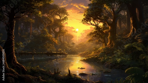 A winding river through a dense forest as the sun sets behind the canopy