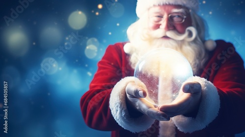 Happy Santa Claus holding glowing christmas ball, generative ai