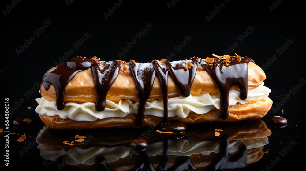 Vanilla cream and chocolate éclair on black background