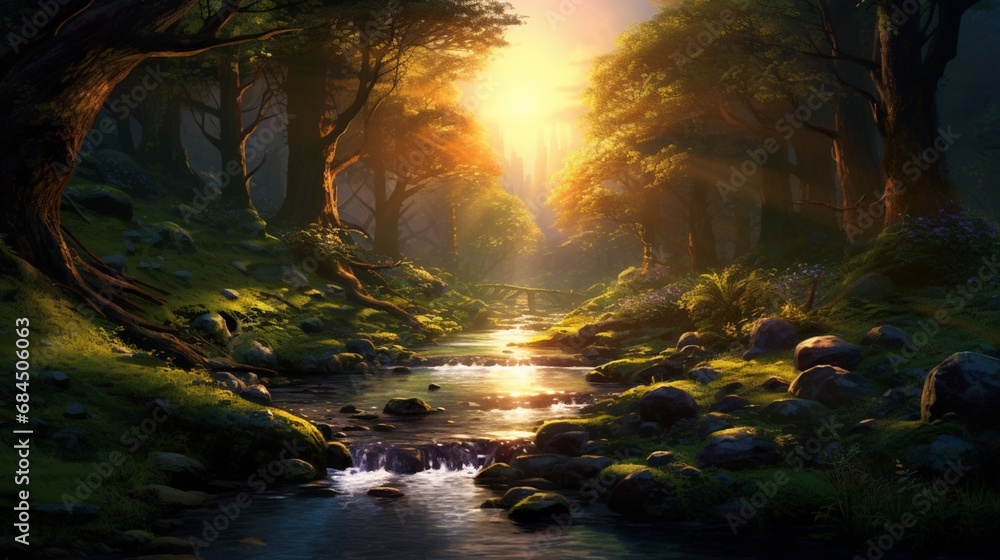 A winding river through a forest with the sun's last rays piercing through the trees