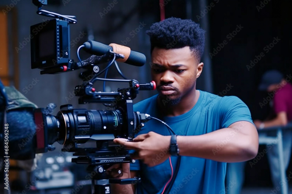 Young African American camera operator shooting on professional camera Young African American camera operator shooting on professional camera