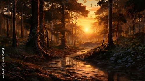 A winding river through a forest with the sun s last rays piercing through the trees
