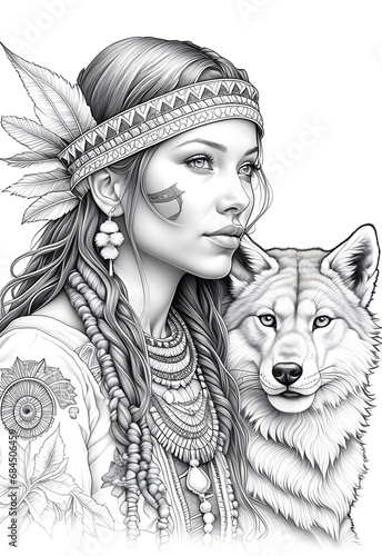 Native American girl culture coloring page featuring traditional attire. This detailed sketch captures the intricate beadwork and feathered headdress of the American West.