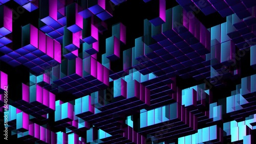 Abstract space composed of isometric rectangular neon 3D blocks that blink intermittently. Concept of database, information technology, or virtual reality. Looped animation features 3D digital bricks photo