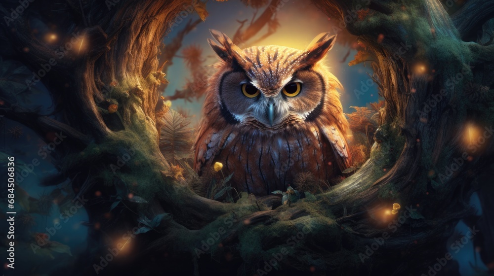 An owl sits in a tree with glowing eyes. Generative AI.
