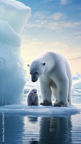 A polar bear and her cub are standing on an ice floe. Generative AI.