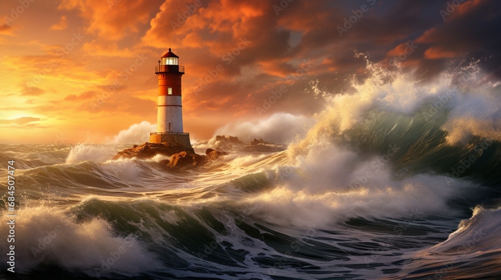 A coastal lighthouse with the sun setting behind it, casting a warm glow, with crashing waves