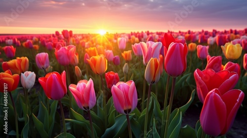 A colorful field of tulips basking in the soft, warm glow of the setting sun