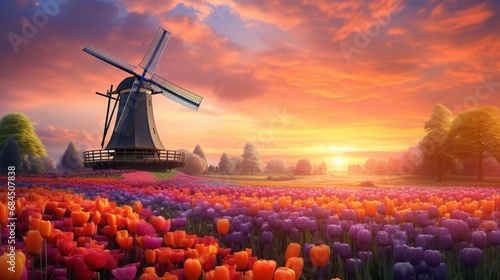 A colorful field of tulips basking in the soft, warm glow of the setting sun, with a windmill in the background #684507838