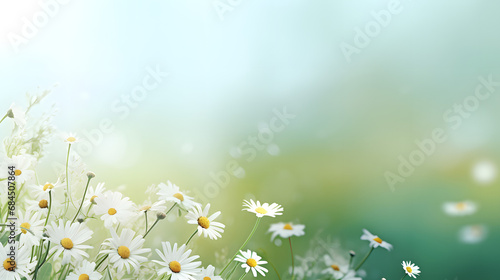 Daisy flowers and grass in corner arrangement on green blurred background. generative ai.