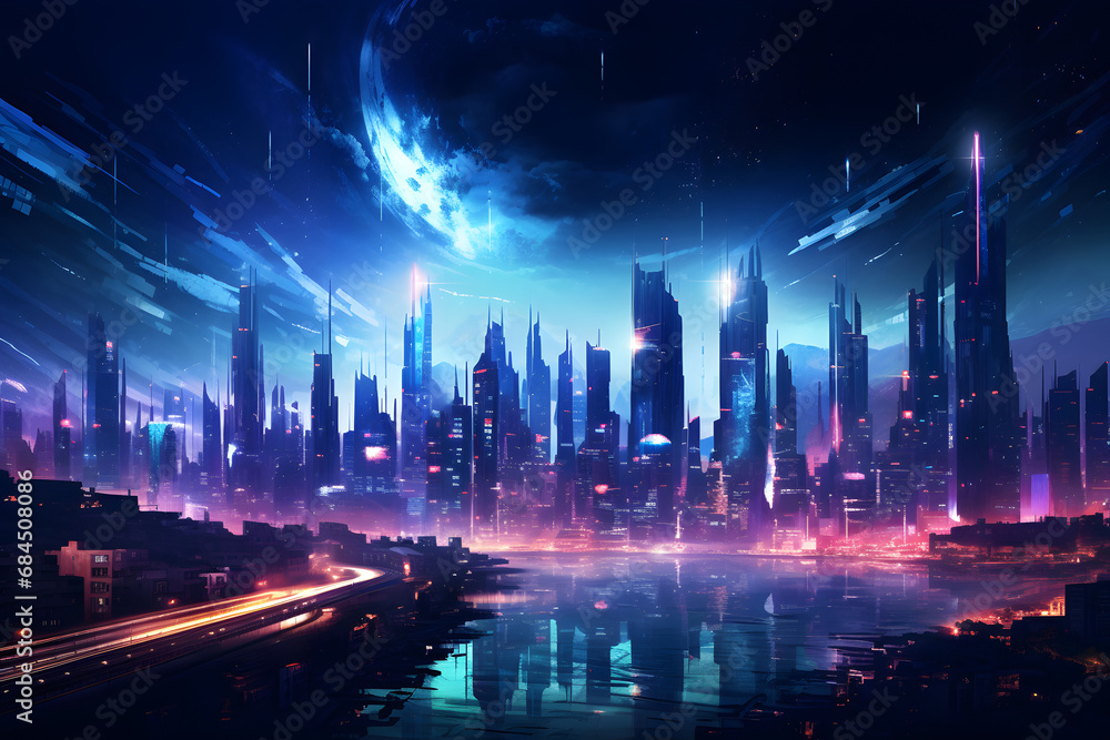dark futuristic city with dimmed neon blue pink and purple lights. generative ai.