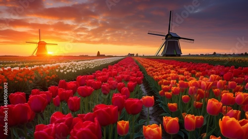 A colorful field of tulips basking in the soft, warm glow of the setting sun, with a windmill in the background