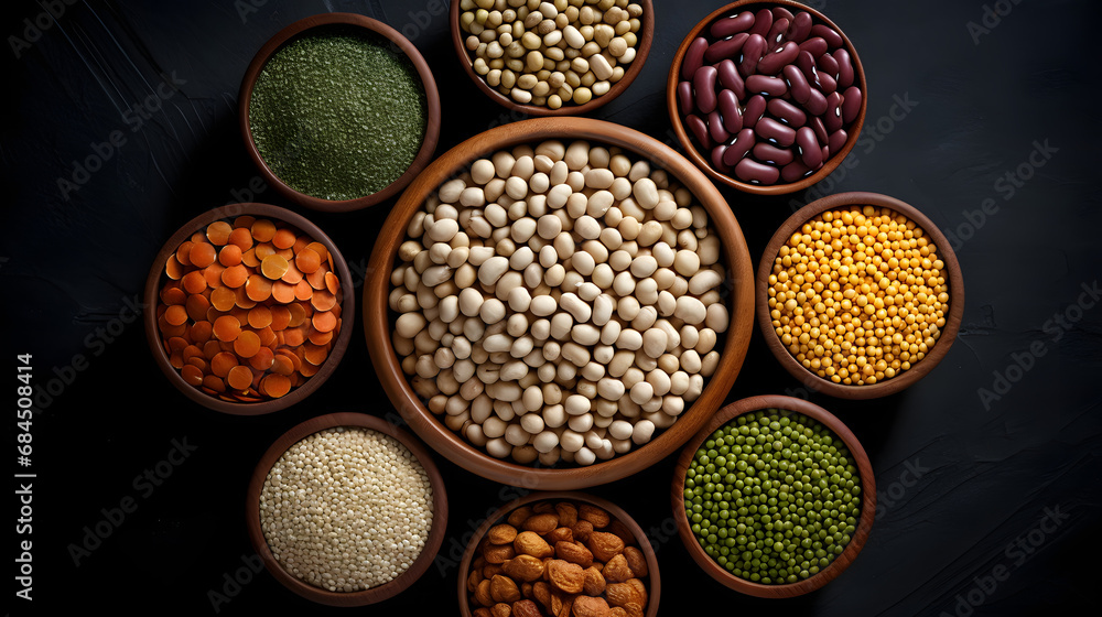 Different cereals and legumes- rice,peas, lentils, beans haricot millet buckwheat chickpea. Top view. generative ai. Different cereals and legumes- rice,peas, lentils, beans haricot millet buckwheat chickpea. Top view. generative ai.