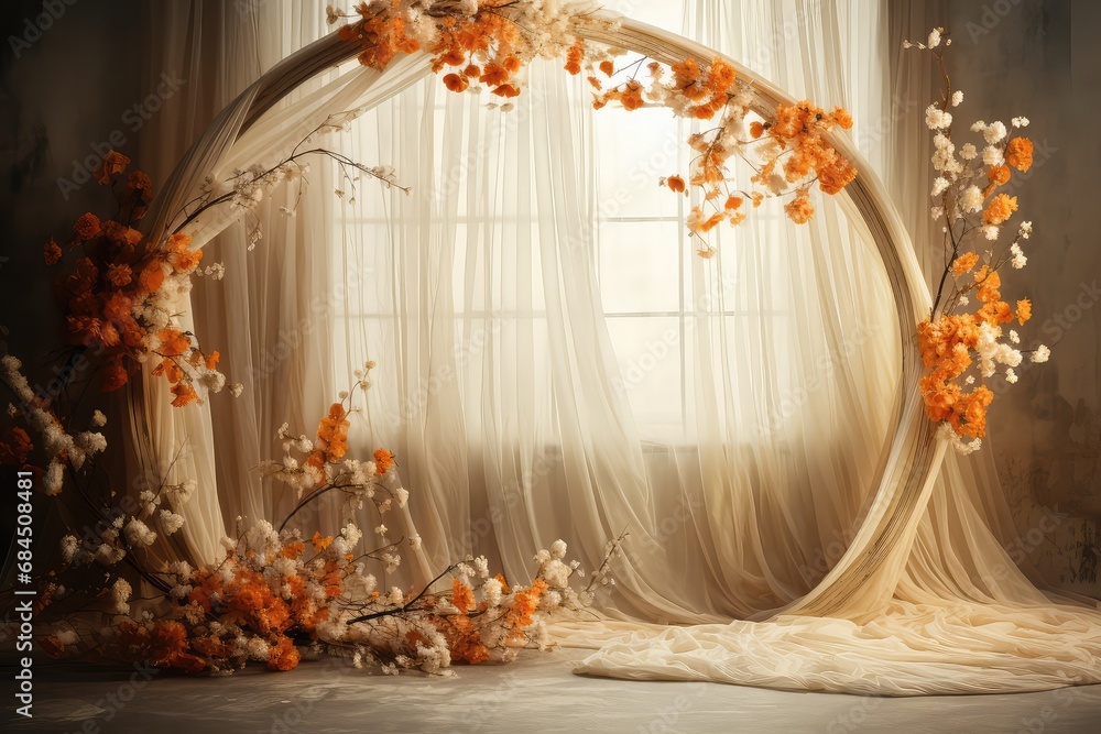 wedding backdrop, maternity backdrop, Light hoop weaved with orange flowers, white flowers, elegant wall background, flowing white satin drapes, backdrop, photography backdrop wedding backdrop, maternity backdrop, Light hoop weaved with orange flowers, white flowers, elegant wall background, flowing white satin drapes, backdrop, photography backdrop
