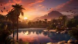 A desert oasis with palm trees and a breathtaking desert sunset in the backdrop