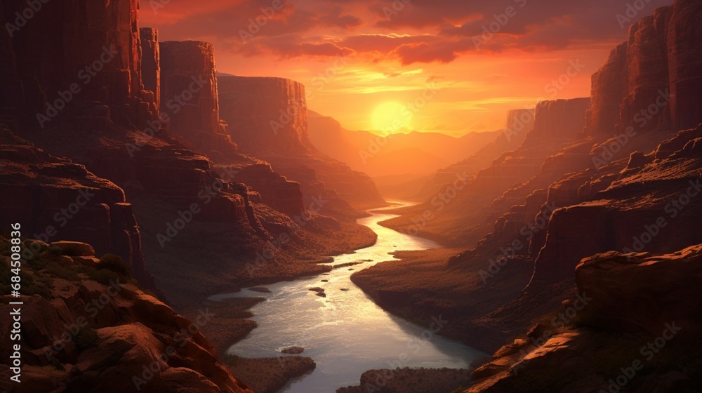 A beautiful river winding through a canyon as the sun sets in the distance, with a suspension bridge