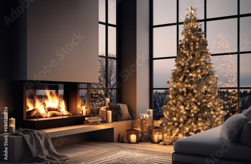 New Year or Christmas living room interior in minimalist style. Christmas tree  fireplace  sofa and large window
