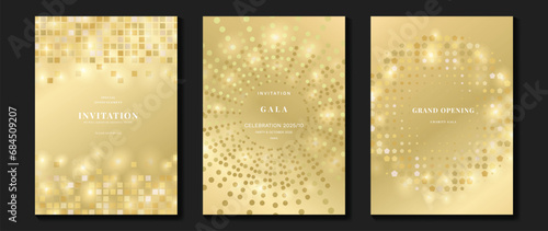 Luxury invitation card background vector. Golden elegant geometric shape, gold twinkling gradient on gold background. Premium design illustration for gala card, grand opening, party invitation.