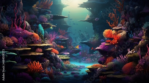 A digital illustration of a fantastical underwater world with vibrant coral reefs and exotic sea creatures.
