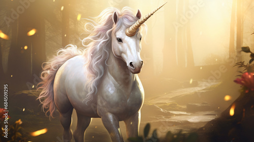 White colt horse with unicorn horn funny and magical