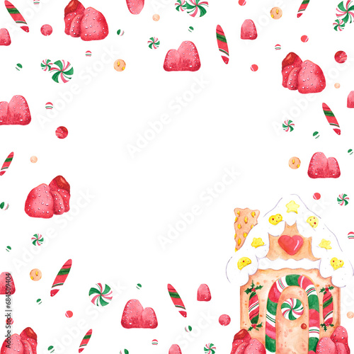 Hand drawn watercolor gingerbread house and sweets frame boarder isolated on white background. Can be used for poster, card, album and other printed products. photo