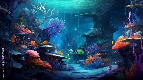 A digital illustration of a fantastical underwater world with vibrant coral reefs and exotic sea creatures.