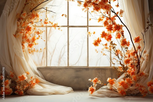 wedding backdrop, maternity backdrop, Light hoop weaved with orange flowers, white flowers, elegant wall background, flowing white satin drapes, backdrop, photography backdrop