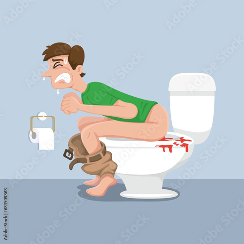 Man with hemorrhoids problem sitting on toilet bowl,illustration vector eps10 cartoon.