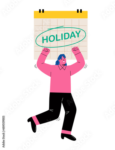 Business woman feels happy about holiday. Flat vector illustration isolated on white background
