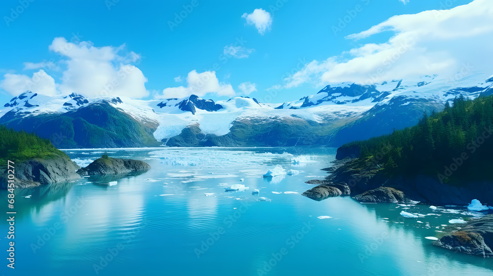 Glacier Bay cruise - Alaska nature landscape. Glacier Bay National Park in Alaska, USA. Scenic view from cruise ship vacation Alaska travel showing mountain peaks and glaciers. generative ai.