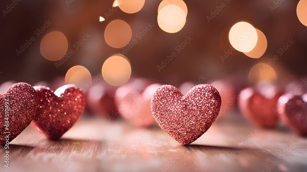 Glitter heart shape decorations for Valentine Day on holiday bokeh background. generative ai. Glitter heart shape decorations for Valentine Day on holiday bokeh background. generative ai.