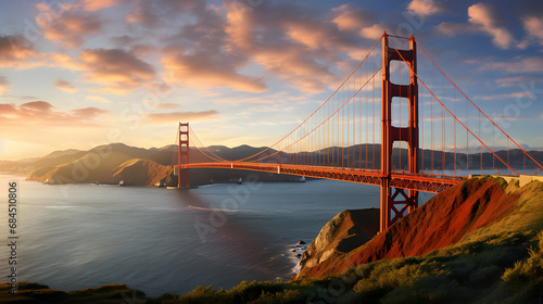 Golden Gate Bridge panorama, San Francisco California, sunset light. generative ai. photo