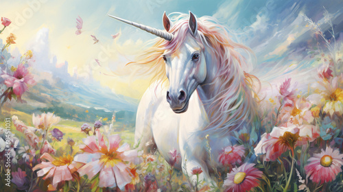 White unicorn in a meadow of flower